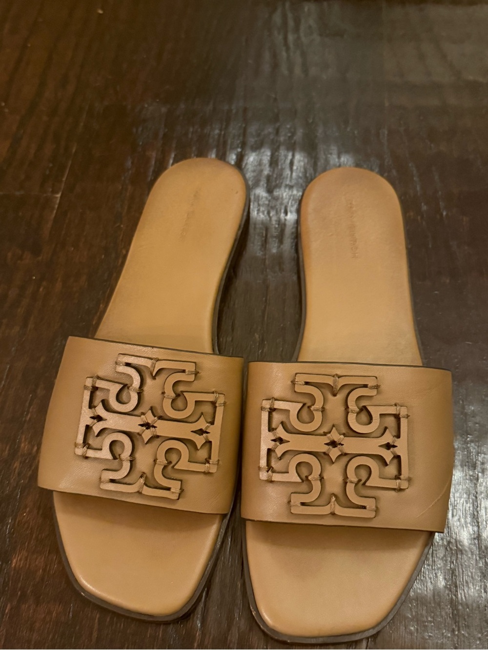Tory Burch Tan Logo Slide Sandals